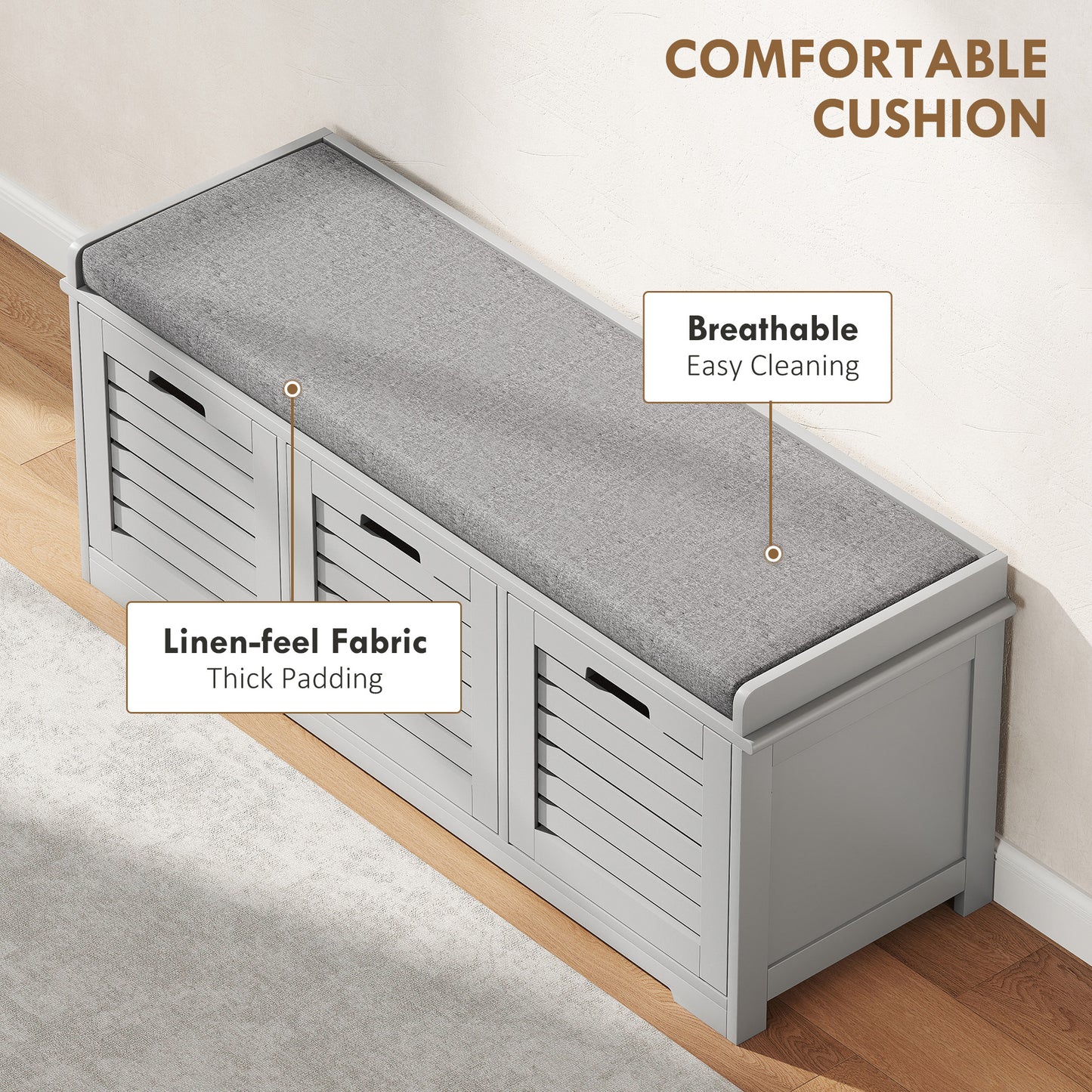 Vazi Wooden Grey 3 Drawer Shoe Storage Bench With Padded Top