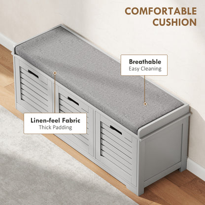 Vazi Wooden Grey 3 Drawer Shoe Storage Bench With Padded Top