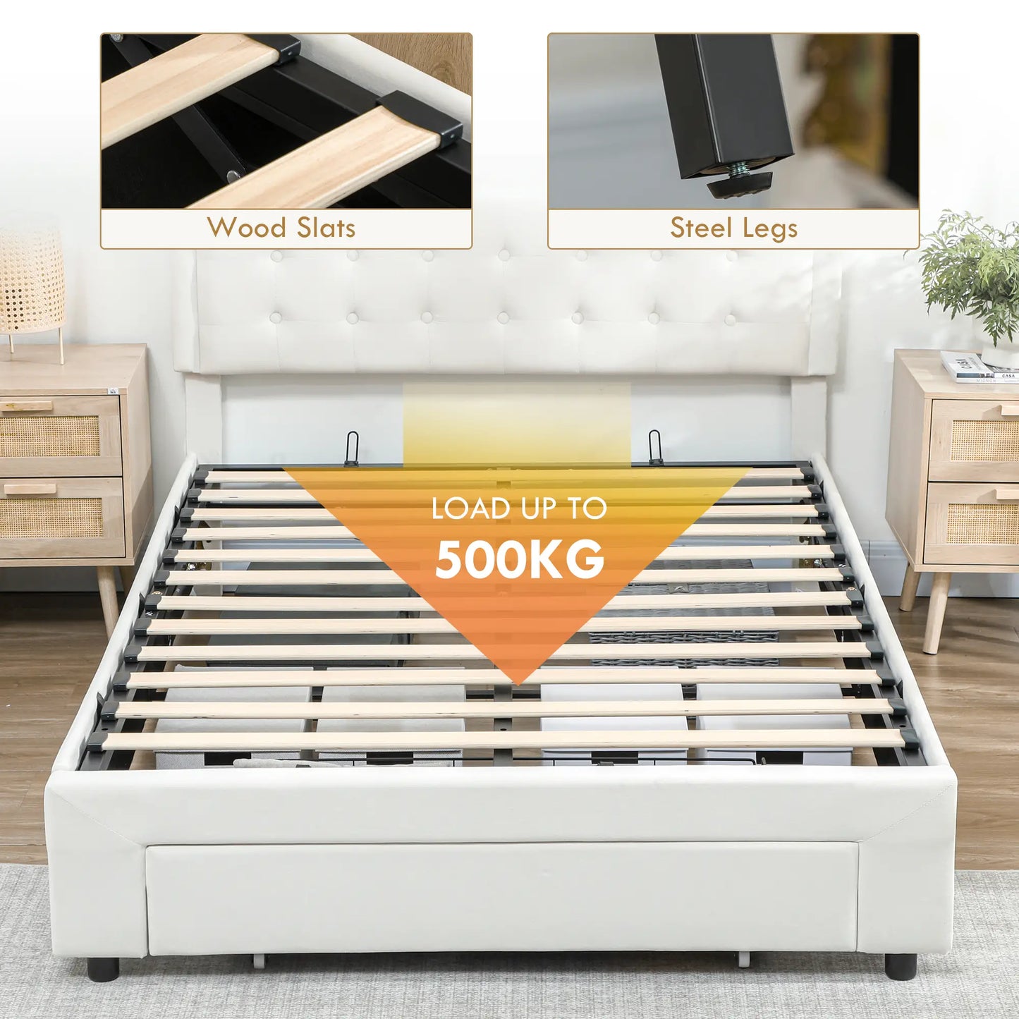 Double 4FT6 Ottoman Bed Frame with Front Divan Drawer Storage Cream