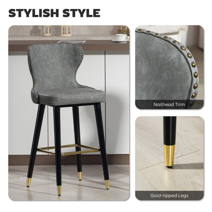 Finomo Set Of 2 Grey Faux Leather Bar Stools With Wooden Legs And Footrest