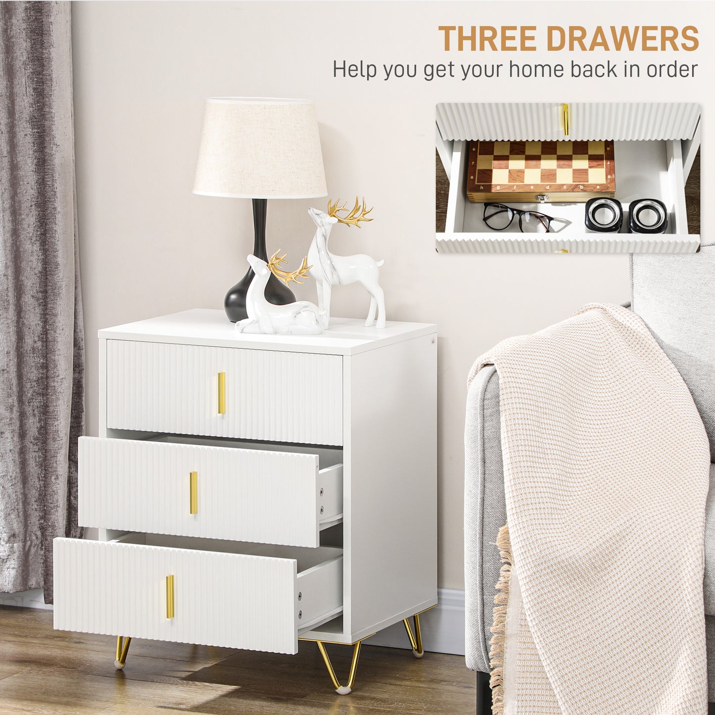 Renina Set Of 2 Wooden White and Gold Tone 3 Drawer Elegant Storage Bedside Tables