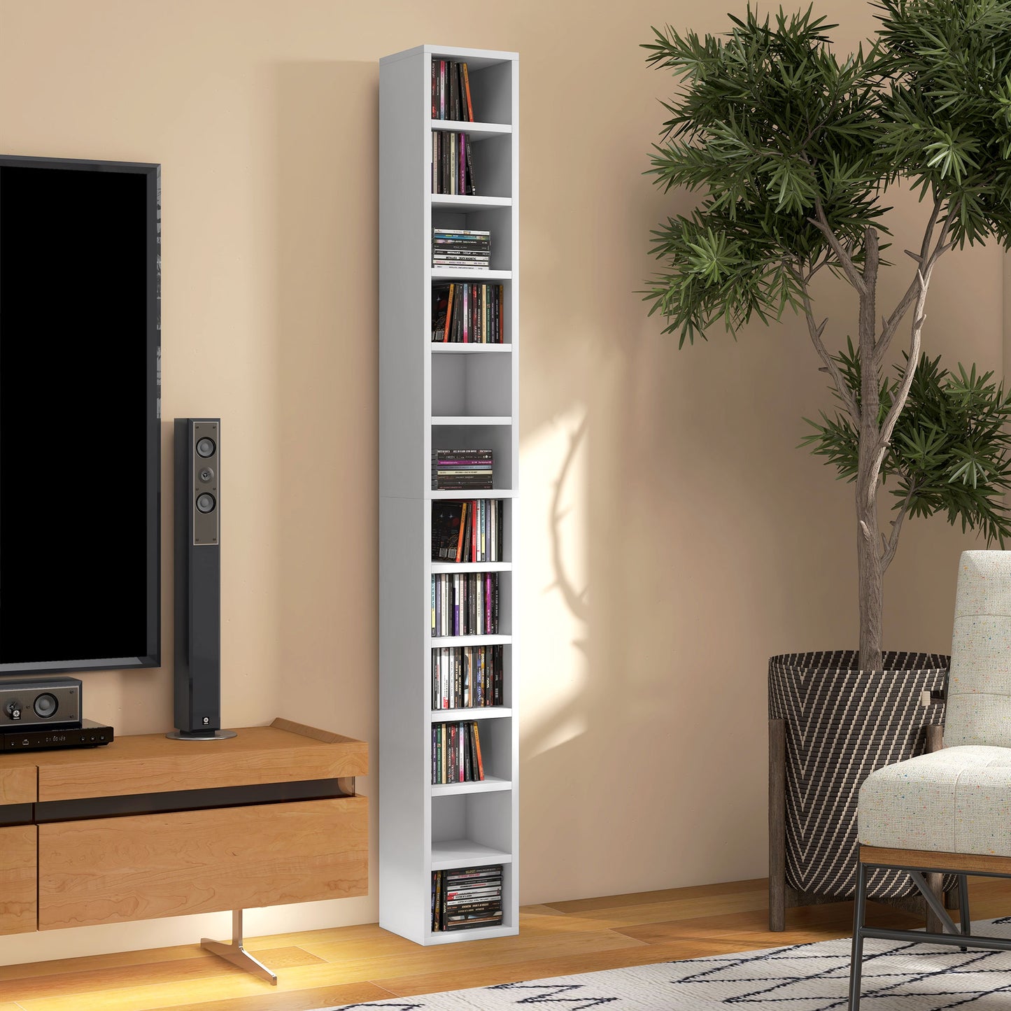 Manina Wood White Tall Narrow CD Storage Tower With 204 Disc Capacity