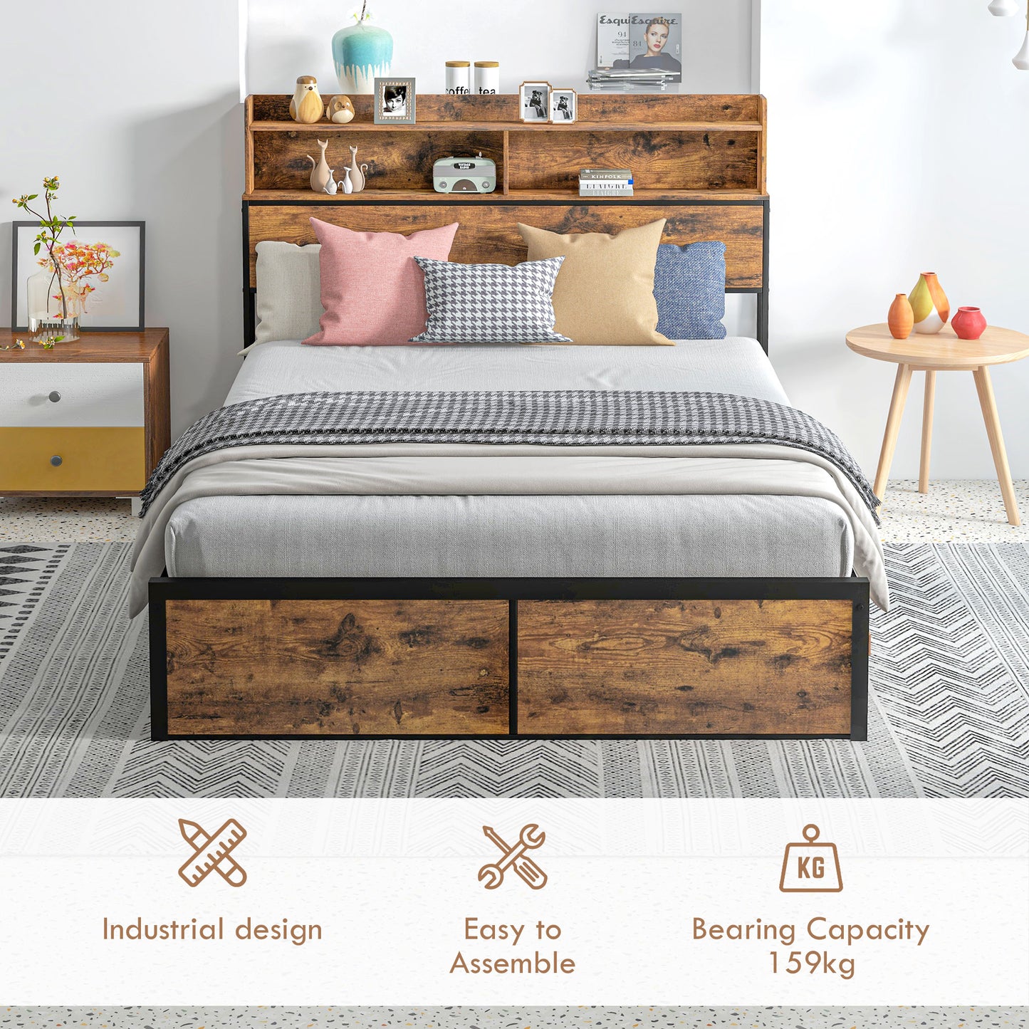 Sata 4FT8 Rustic Brown and Black Industrial Double Bed Frame with Shelves