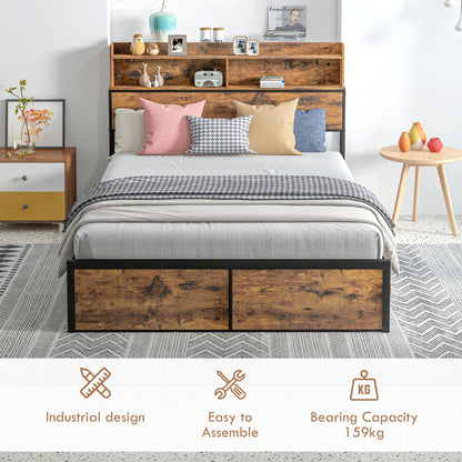 Sata 4FT8 Rustic Brown and Black Industrial Double Bed Frame with Shelves