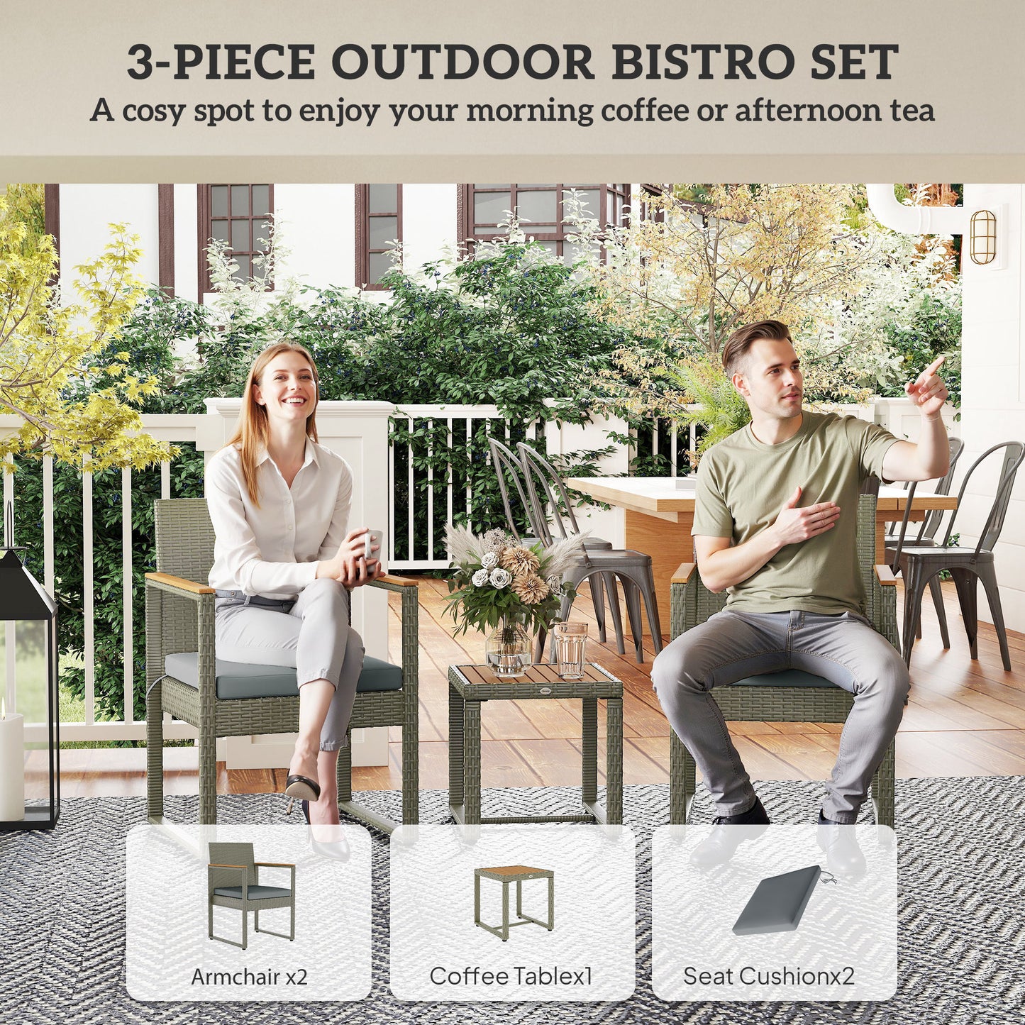 Viyofi Rattan Grey and Natural 3 Piece Outdoor Garden Bistro Set With Cushions