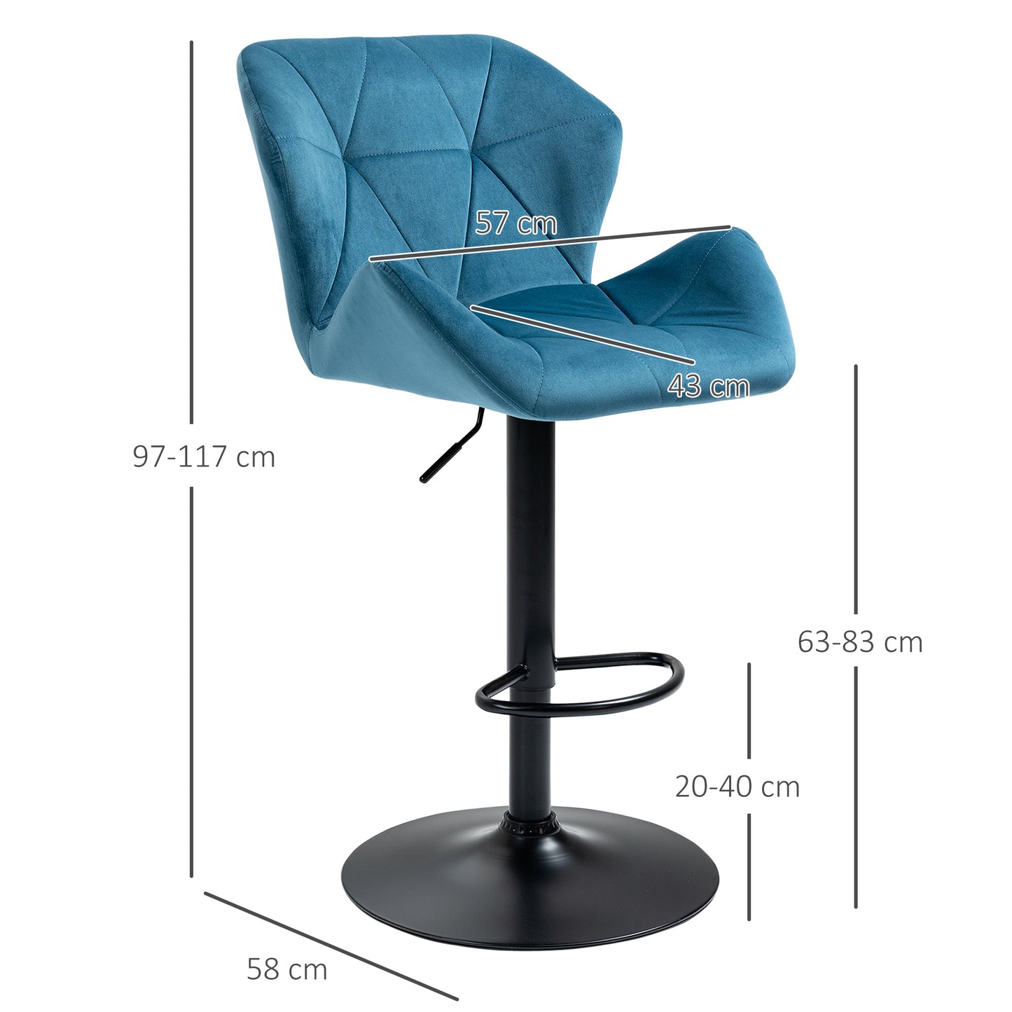 Rottira Velvet Blue Adjustable Swivel Bar Stools Set Of 2 With Sculpted Seat And Footrest