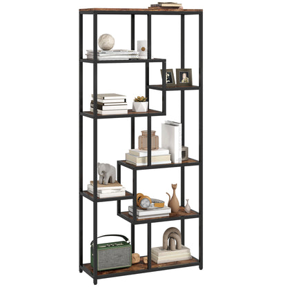 Lulomi Wood And Metal Brown And Black 7 Tier Geometric Display Bookcase