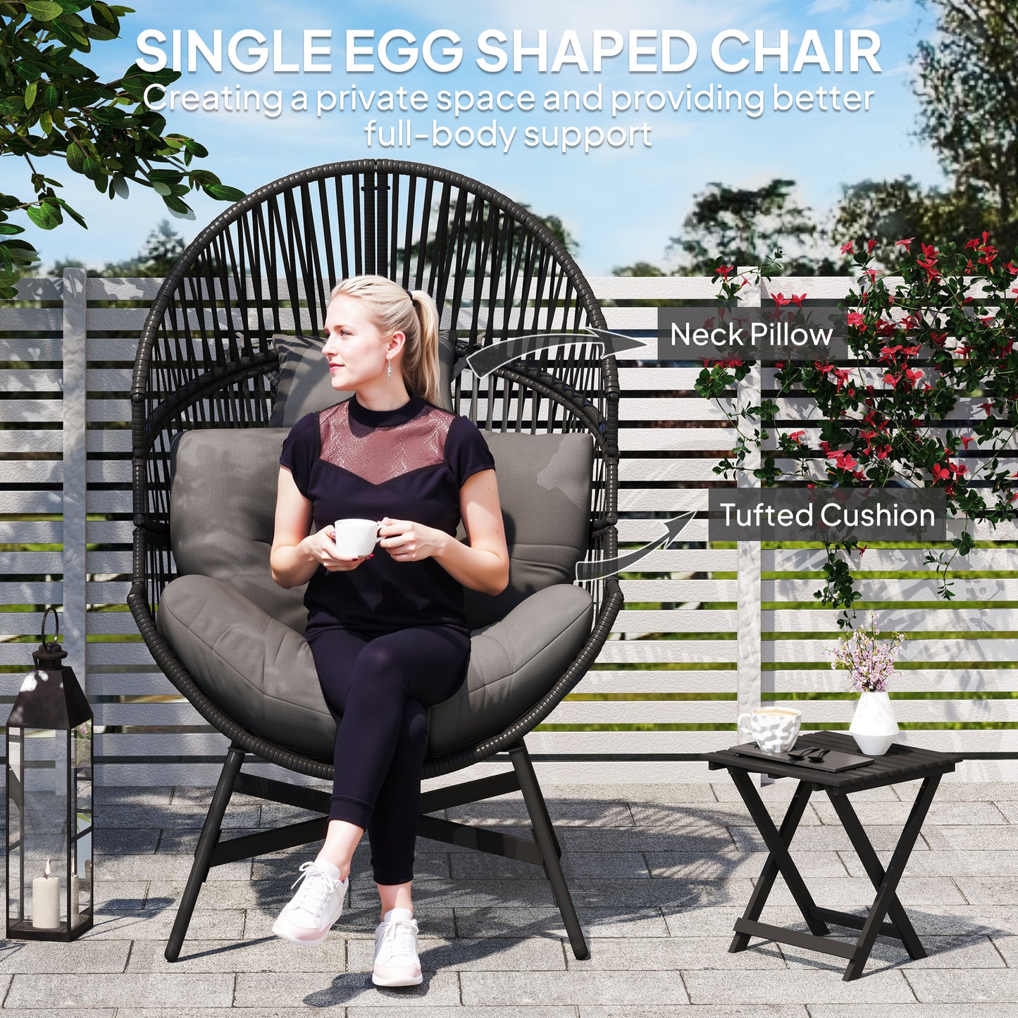 Rataco Rattan Charcoal Grey Oversized Freestanding Egg Chair With Tufted Cushion And Headrest