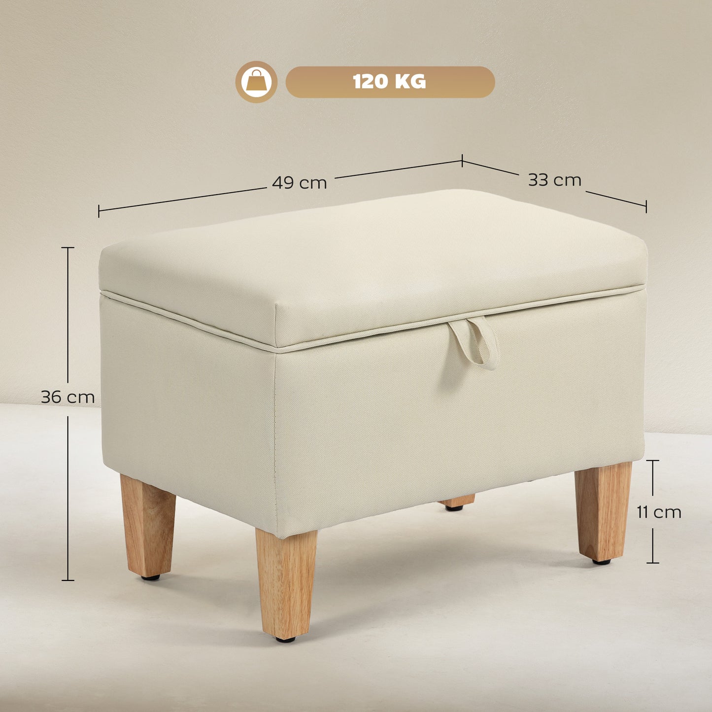 Pase Linen Beige Compact Storage Footstool Natural Wooden Legs