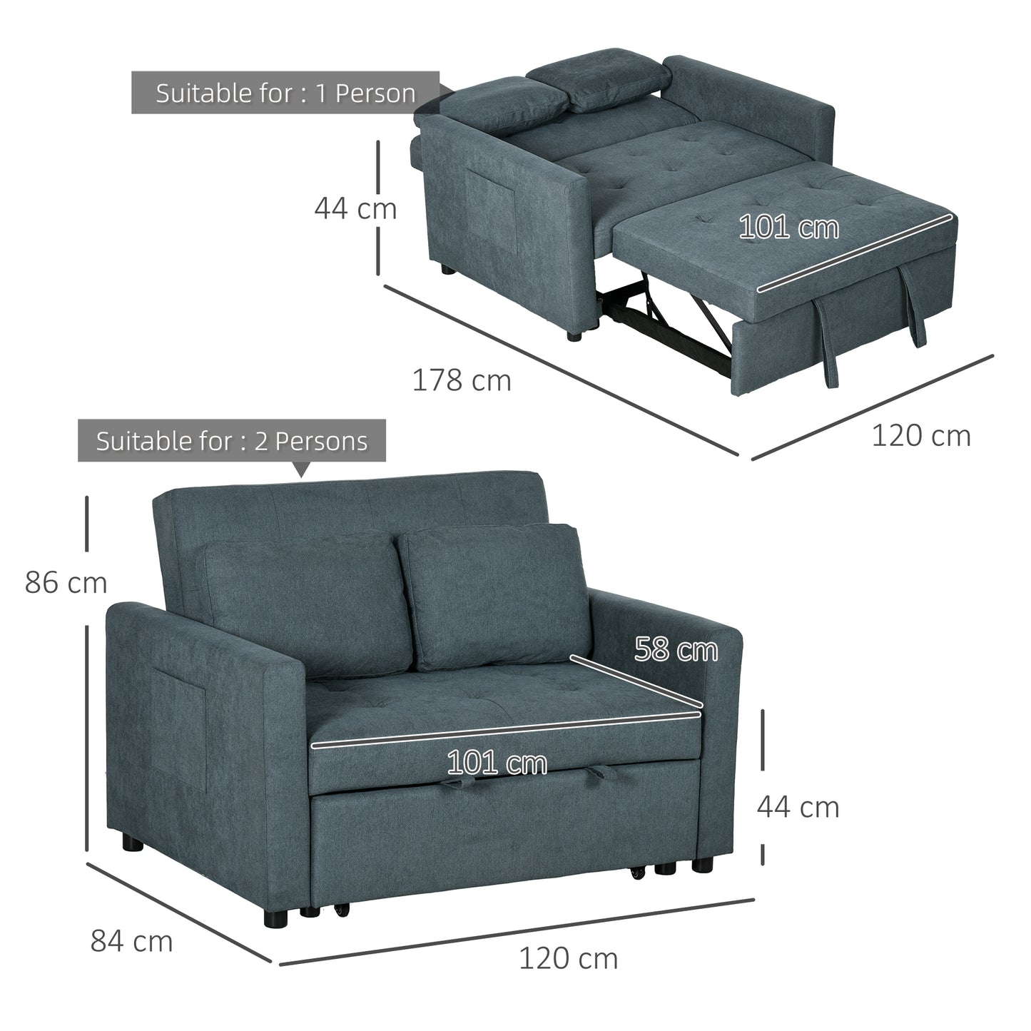 Matano Maso Charcoal Grey 2 Seater Sofa Bed With Side Pockets And Cushions