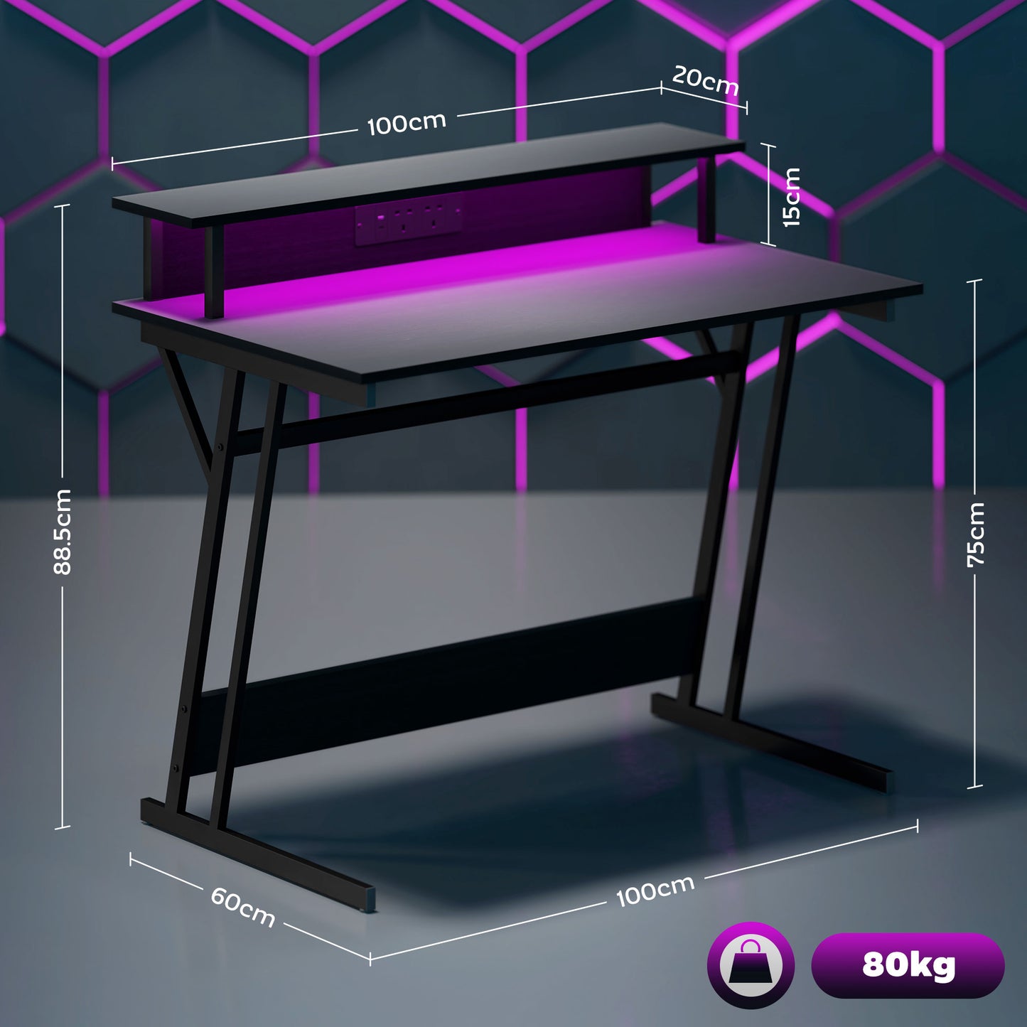 Tovapa 100cm Minimalist Black 2 Level LED Gaming Desk