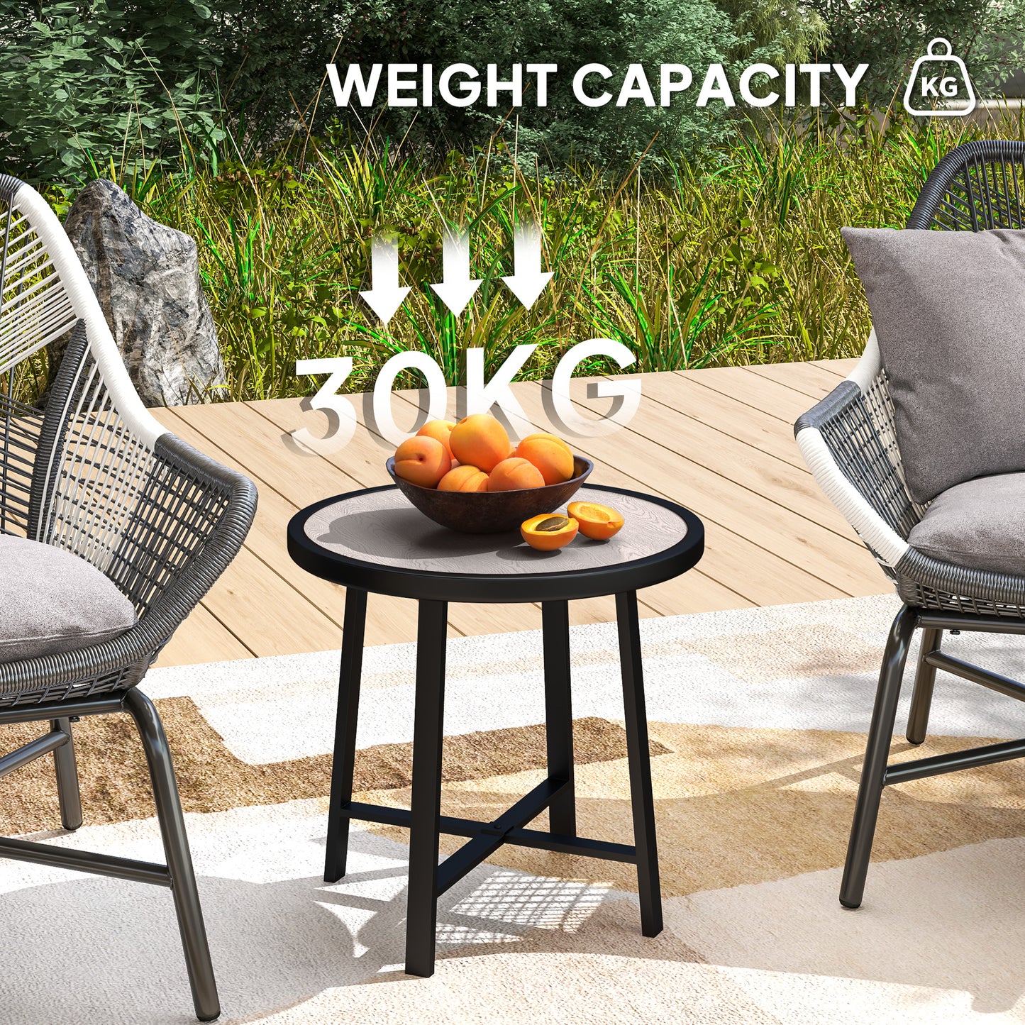 Moreve Black and Grey Wood Effect Round Outdoor Side Table With Steel Frame