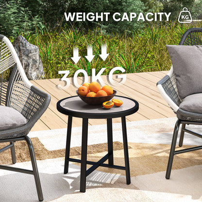 Moreve Black and Grey Wood Effect Round Outdoor Side Table With Steel Frame
