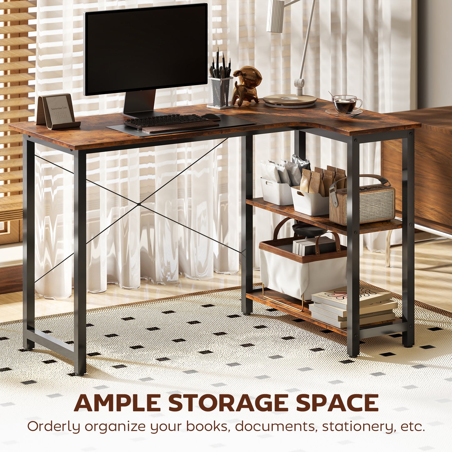 Morofi 120cm Rustic Brown L Shaped Desk with Integrated Bookshelf