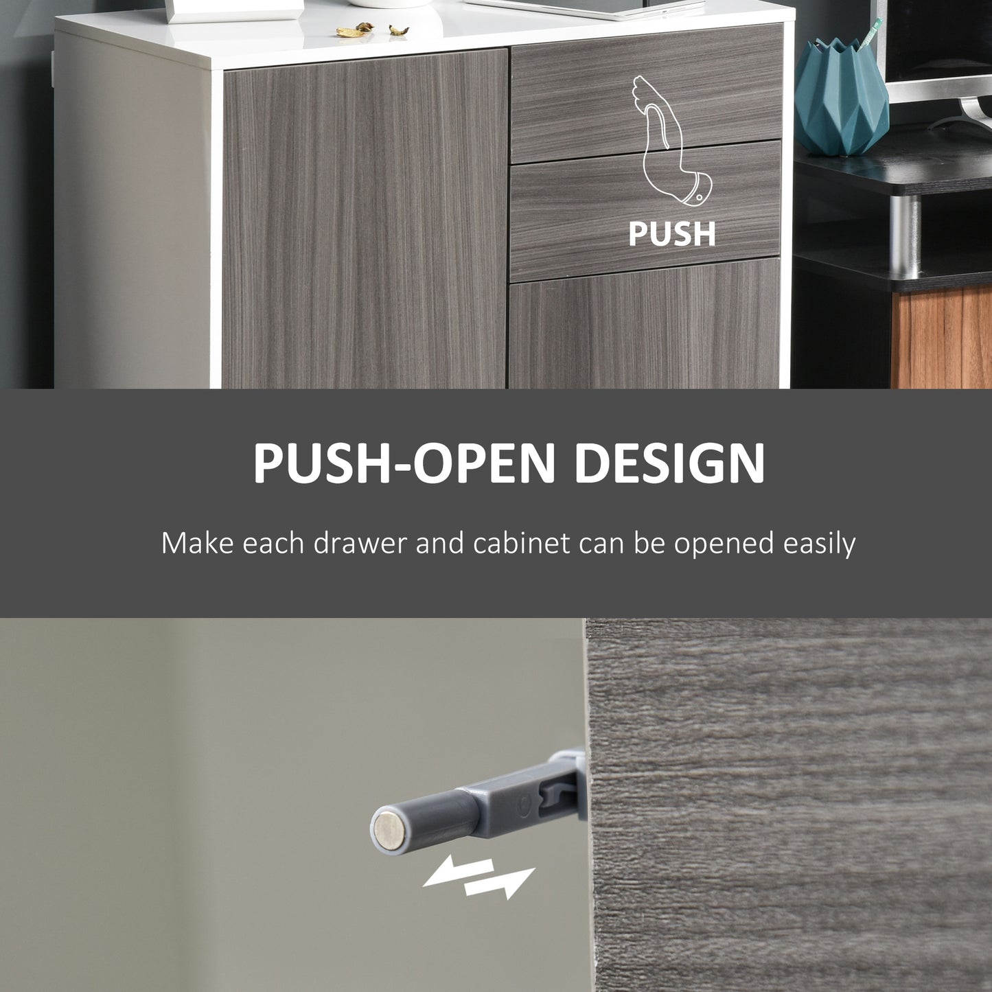 Luel High Gloss White and Grey Wood Effect Compact Sideboard With Push Open Drawer and 2 Doors