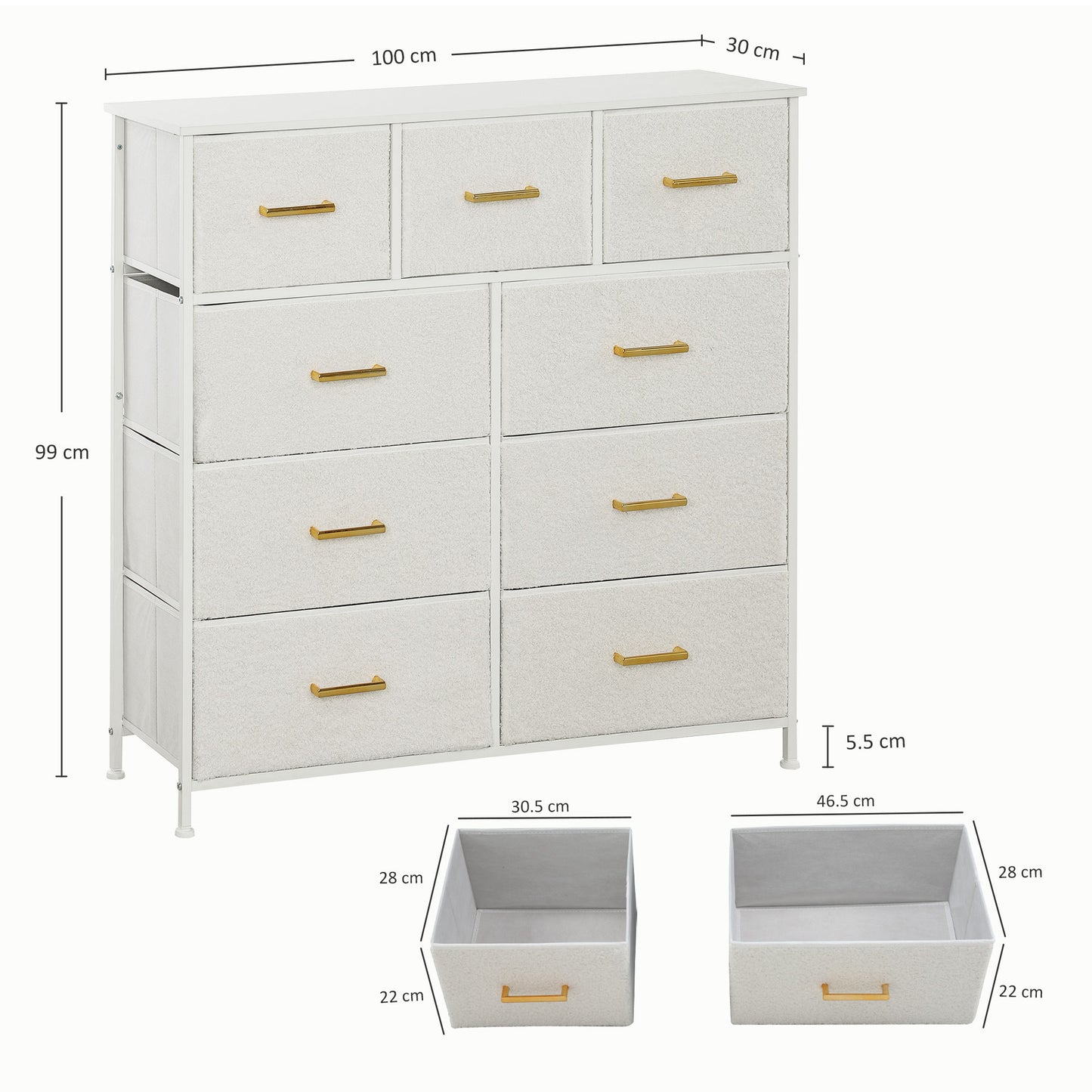 Tafi Metal And Fabric Cream White 9 Drawer Boucle Storage Chest With Steel Frame