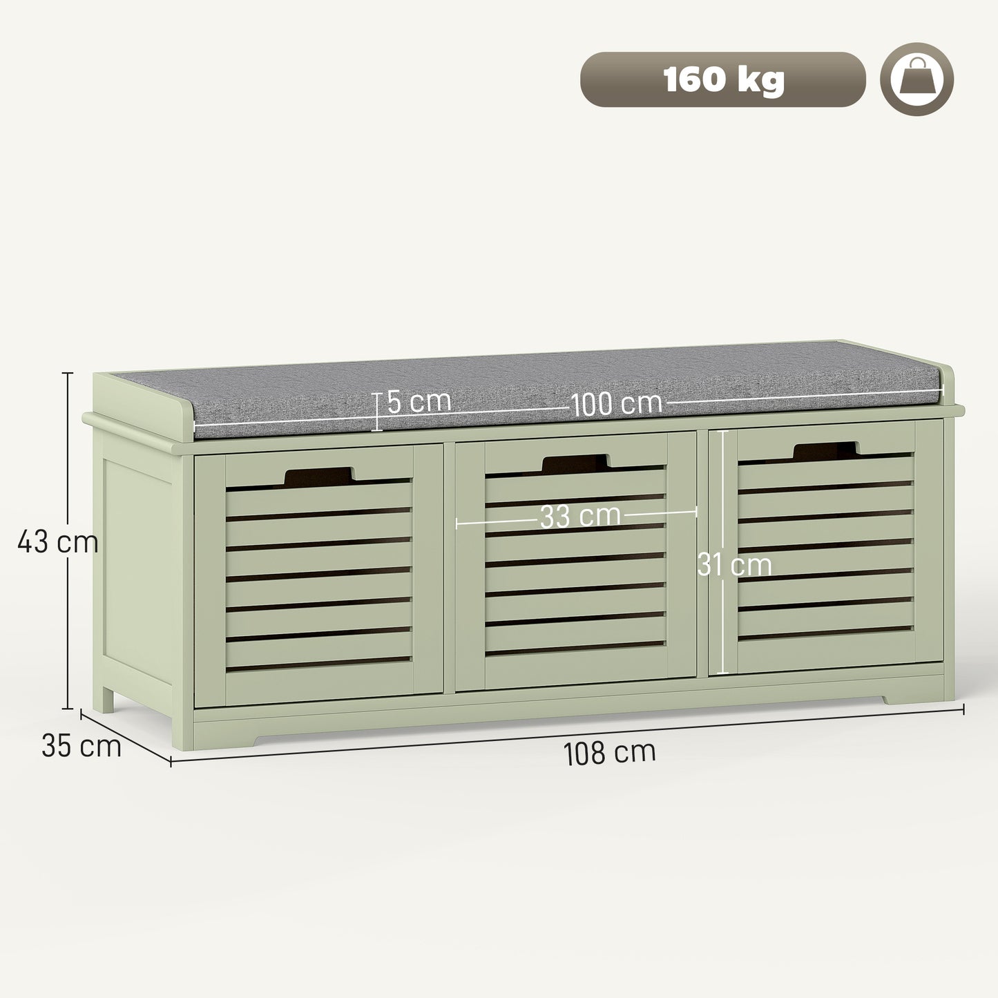 Dilena Wooden Green 3 Drawer Shoe Storage Bench with Grey Padded Seat