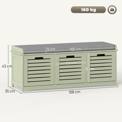 Dilena Wooden Green 3 Drawer Shoe Storage Bench with Grey Padded Seat