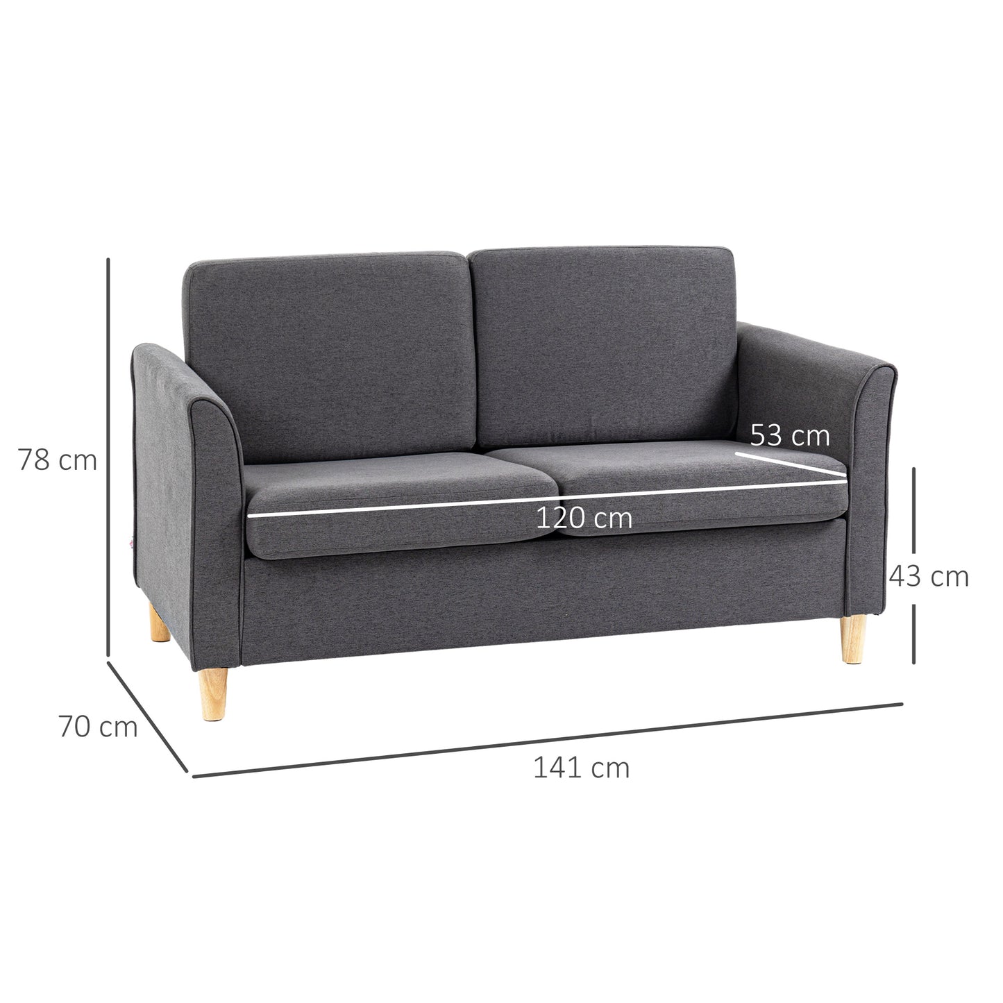 Sono Dark Grey Compact 2 Seater Sofa With Wooden Legs And Armrests