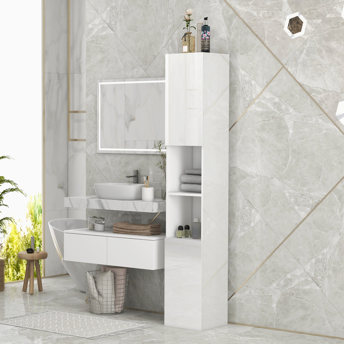 Yoco High Gloss White Freestanding Bathroom Storage Cabinet With Doors And Adjustable Shelves