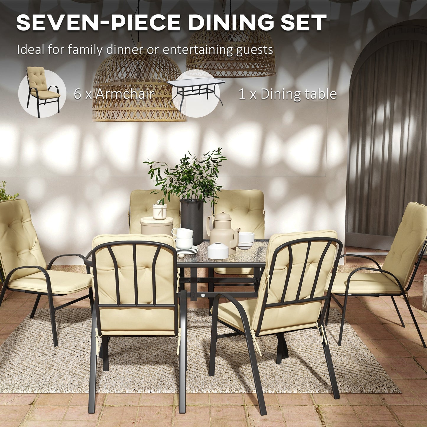Seriva 6 Seater Cream Garden Dining Set with Black Metal Frame