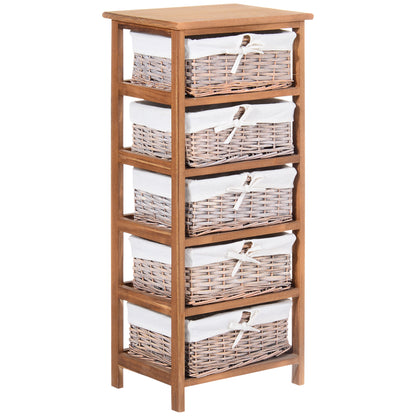 Yorila Wood Natural Finish 5 Drawer Dresser With Wicker Baskets
