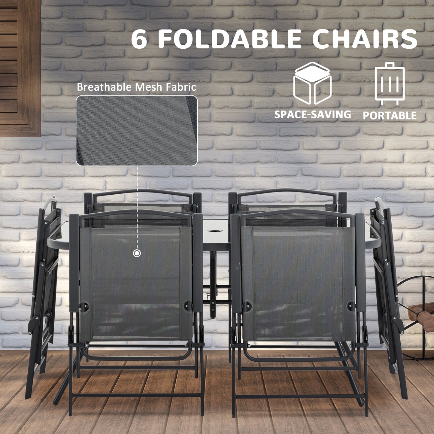 Rera 6 Seater Black Metal and Mesh Garden Dining Set with Chairs Table and Parasol
