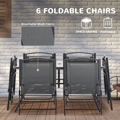 Rera 6 Seater Black Metal and Mesh Garden Dining Set with Chairs Table and Parasol