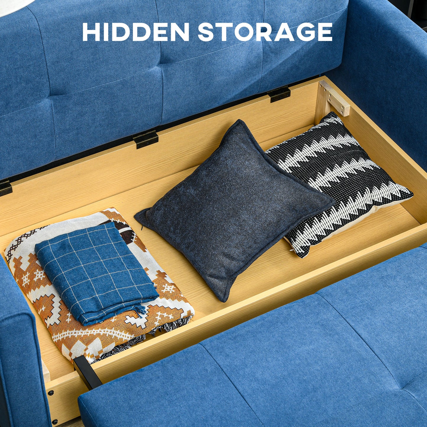 Palani Bayo Snow Flannel Deep Blue 2 Seater Sofa Bed With Hidden Storage And Cushions