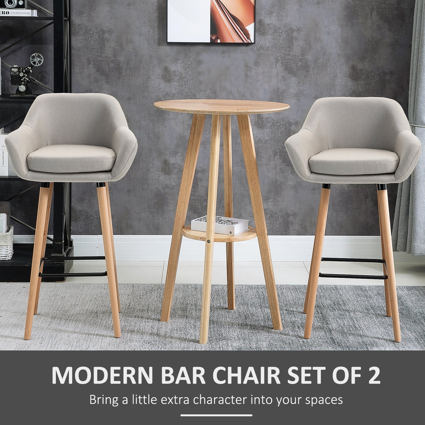 Dottira Fabric Beige Upholstered Bar Chairs Set Of 2 With Wood Legs And Metal Frame