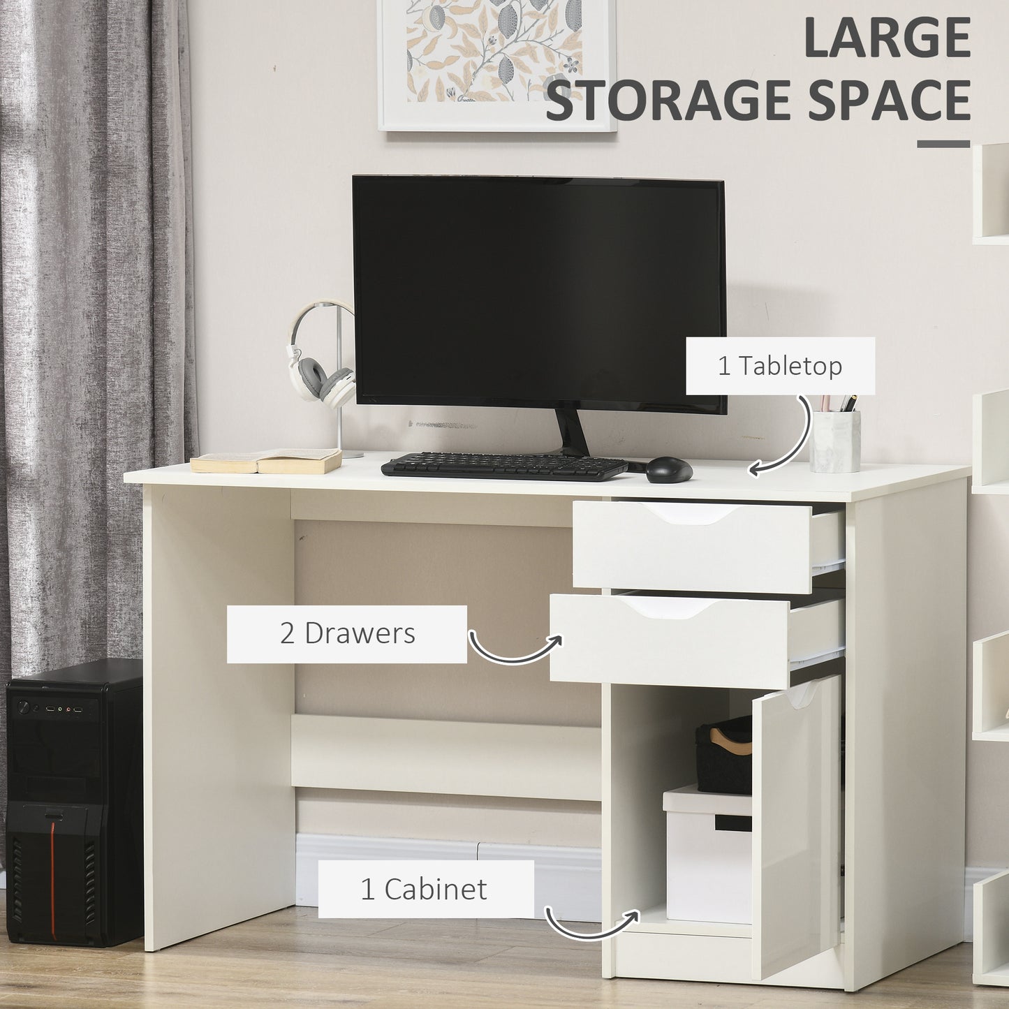 Niba 120cm High Gloss White Home Office Desk With Drawers And Storage Cabinet
