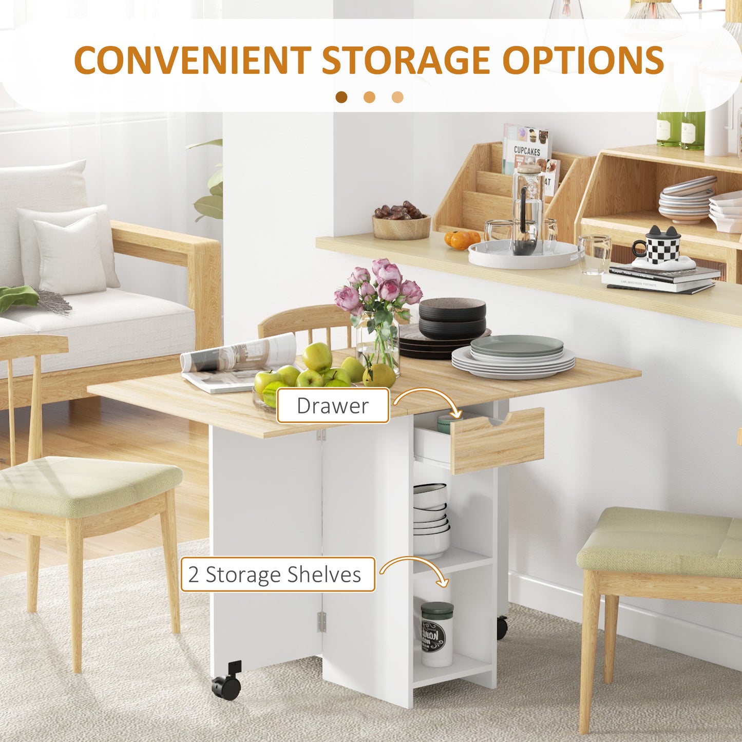 Coyova Wooden Oak Folding Drop Leaf Dining Table With Drawer And Storage Shelves