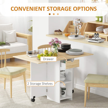 Coyova Wooden Oak Folding Drop Leaf Dining Table With Drawer And Storage Shelves