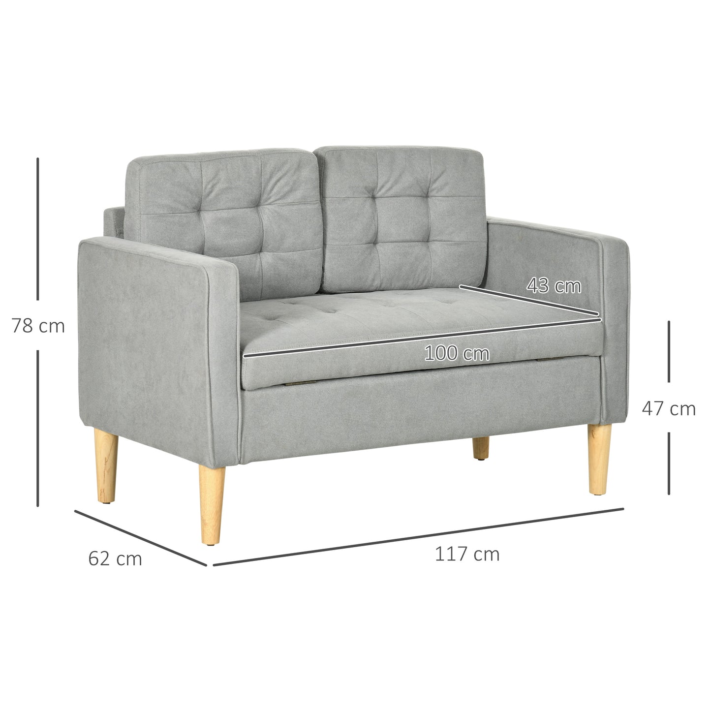 Pamo Fabric Light Grey Compact 2 Seater Sofa With Hidden Storage Tufted Seat And Wooden Legs