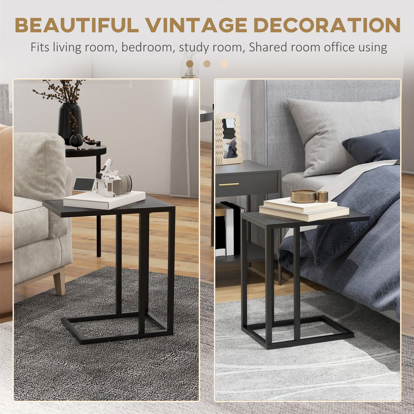 Sariso Metal And Wooden Black C Shaped Side Table With Wood Effect Top
