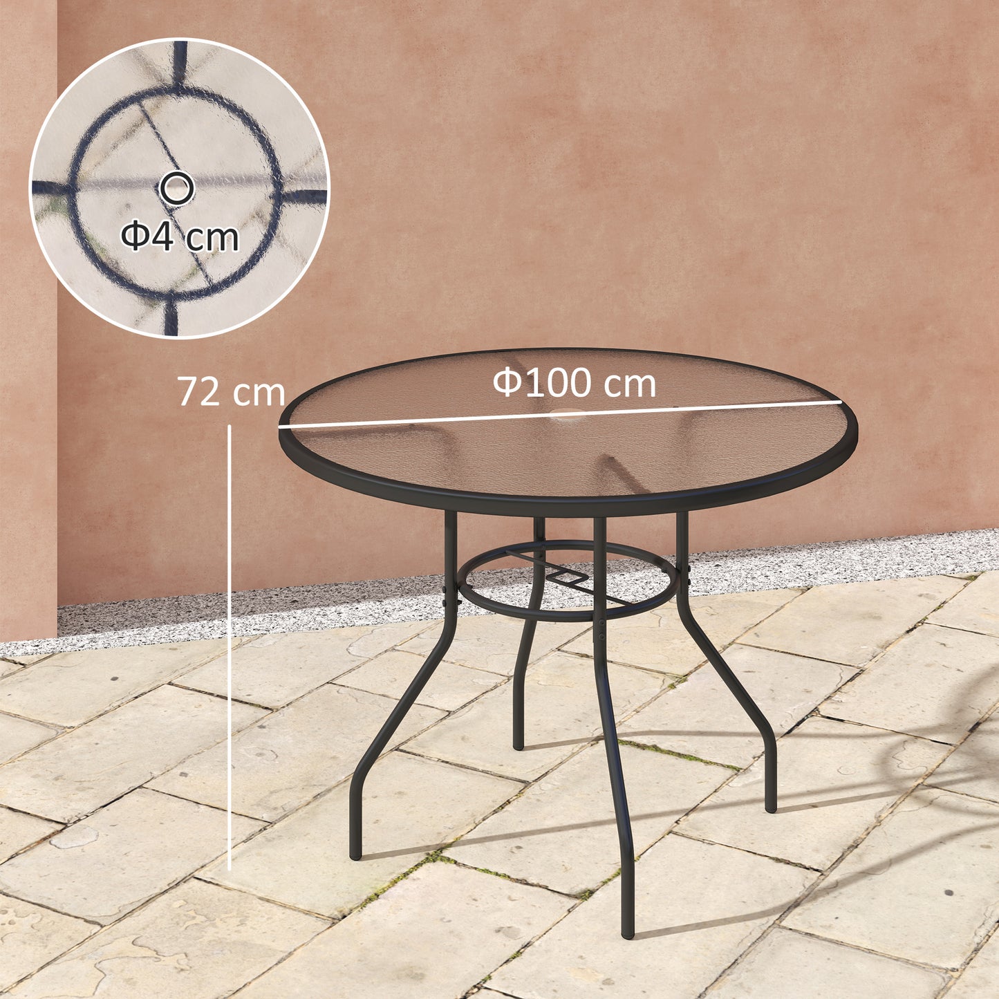 Rekapa Metal Black Glass Top Outdoor Table With Central Parasol Hole