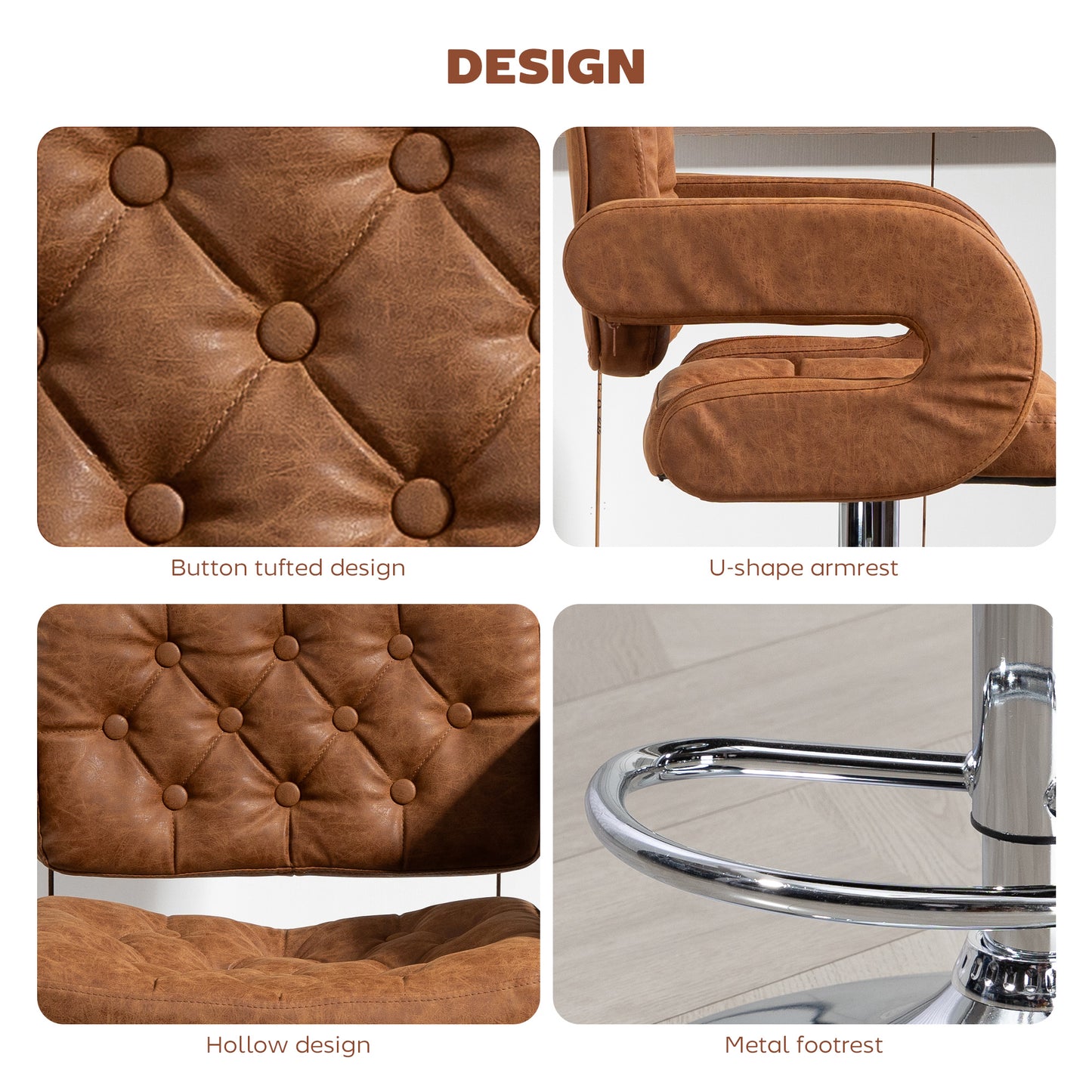 Dovetti Brown Faux Leather H8 Adjustable Swivel Bar Stool With Back And Arms