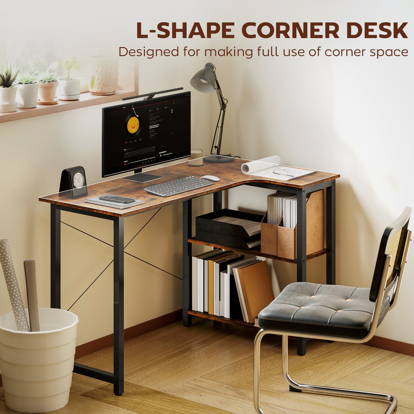 Morofi 120cm Rustic Brown L Shaped Desk with Integrated Bookshelf