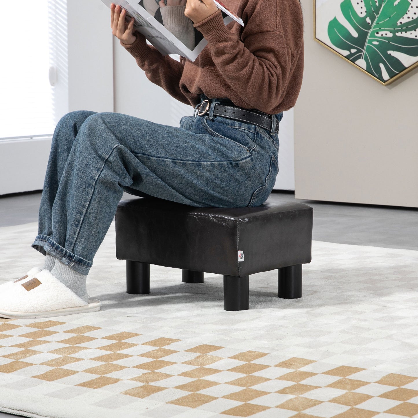 Fatopa Brown Faux Leather Cube Footstool With 4 Plastic Feet