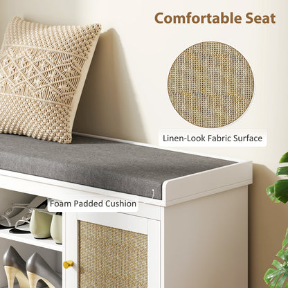 Bafisa Wooden White Boho Shoe Bench With Cushioned Seat And Rattan Doors