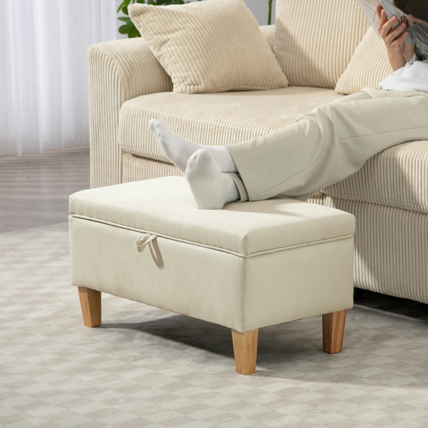 Suba Linen Beige Storage Footstool With Storage Natural Wooden Legs