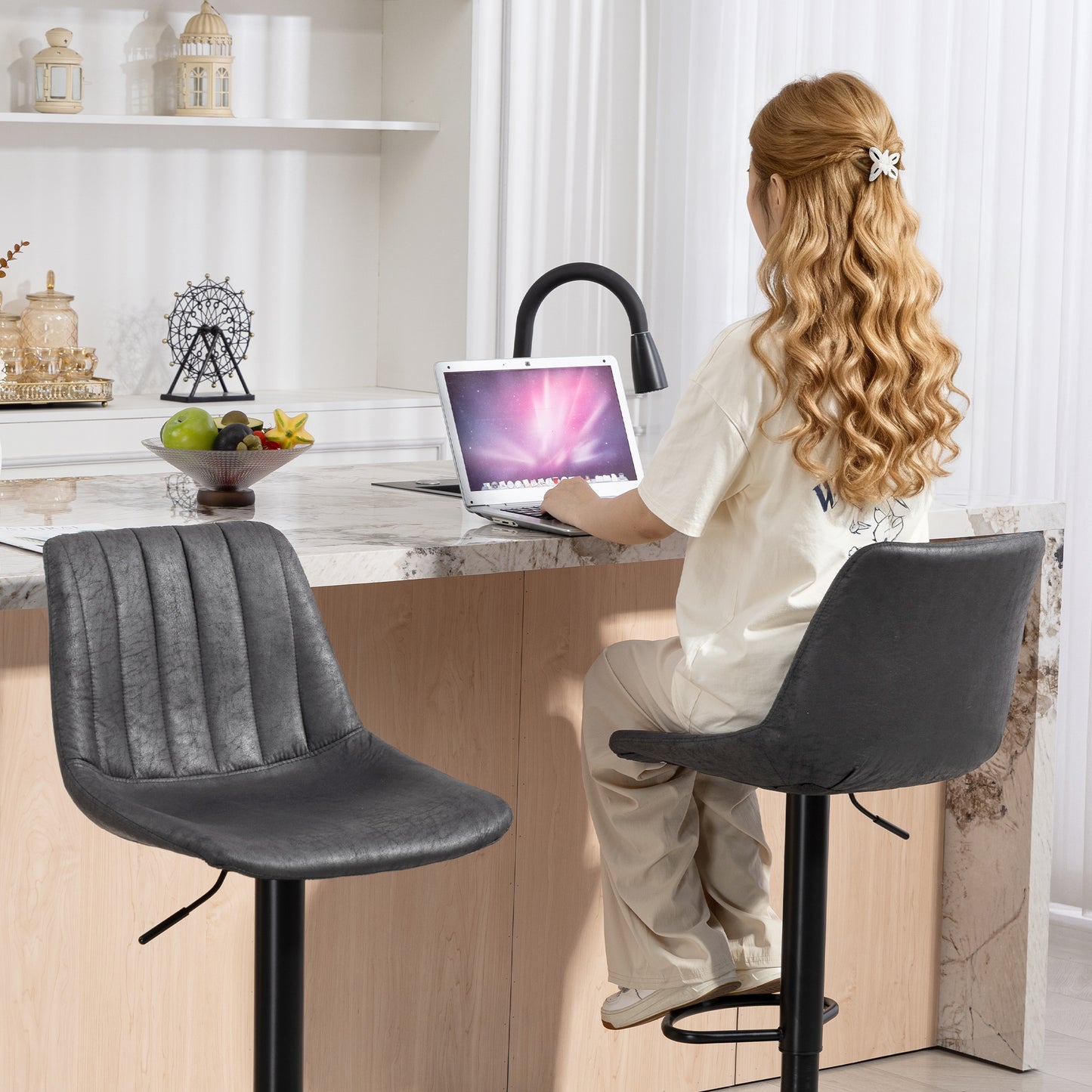 Rotteli Set Of 2 Charcoal Grey Faux Leathar Upholstered Tub Bar Stools