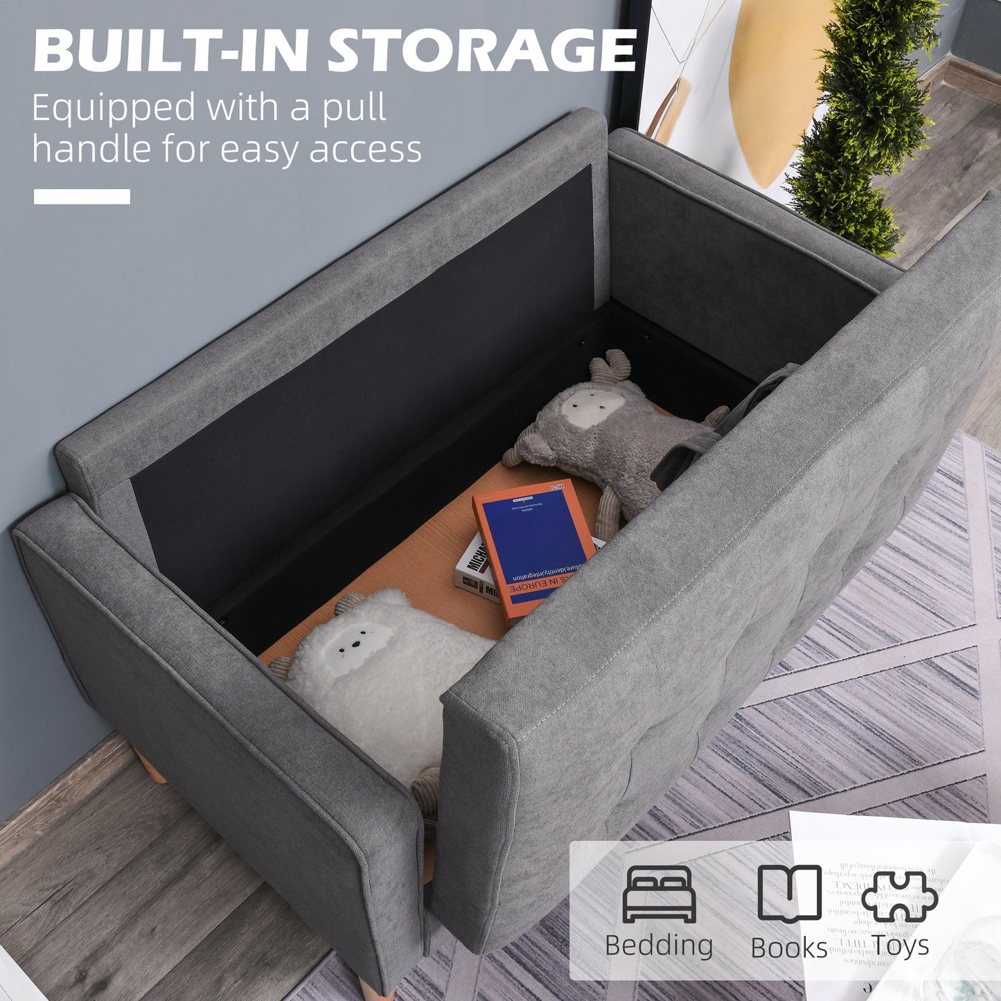 Labasu Fabric Grey 2 Seater Sofa With Hidden Storage Tufted Seat And Wooden Legs