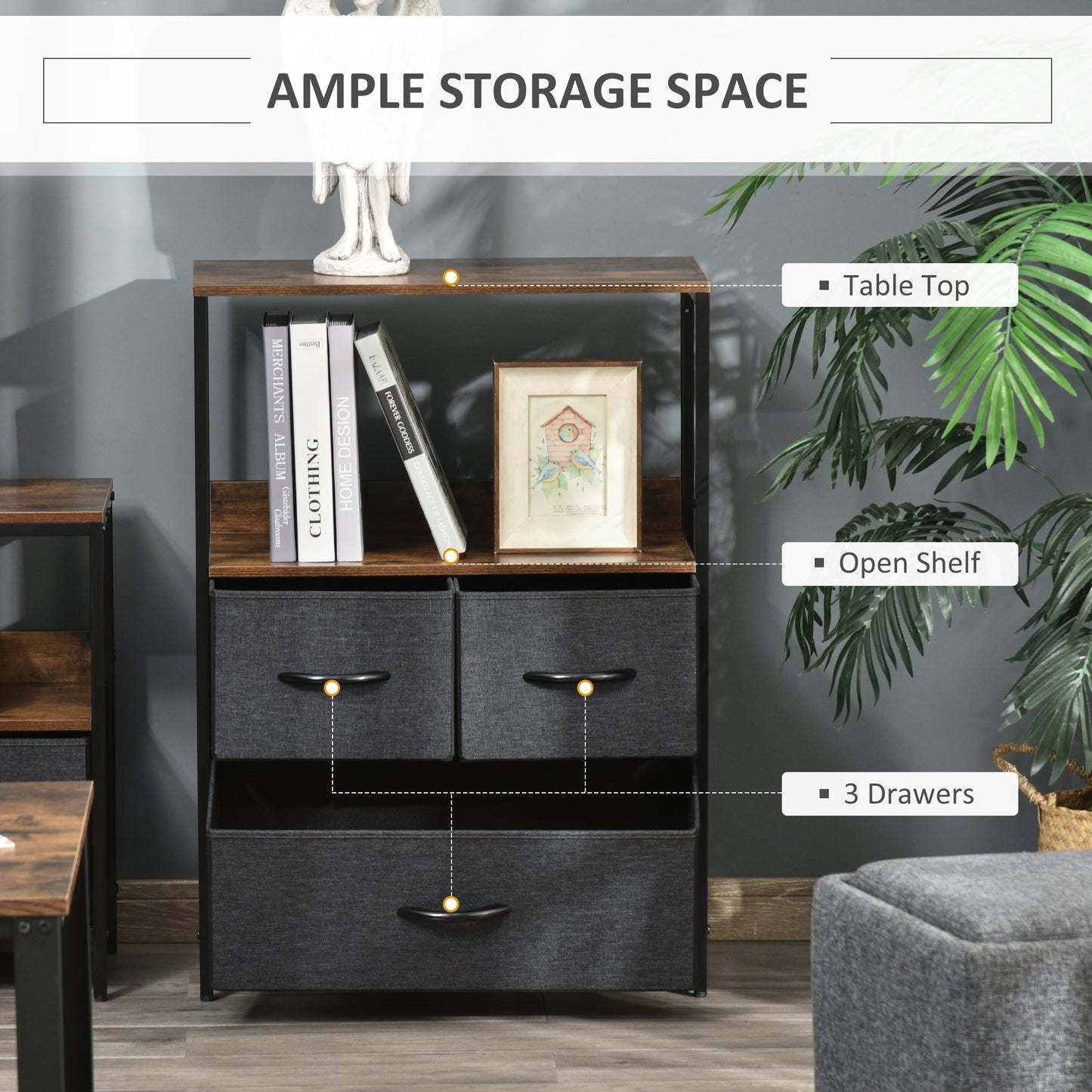 Ranotte Wooden Black 3 Fabric Drawer Storage Chest With Shelf