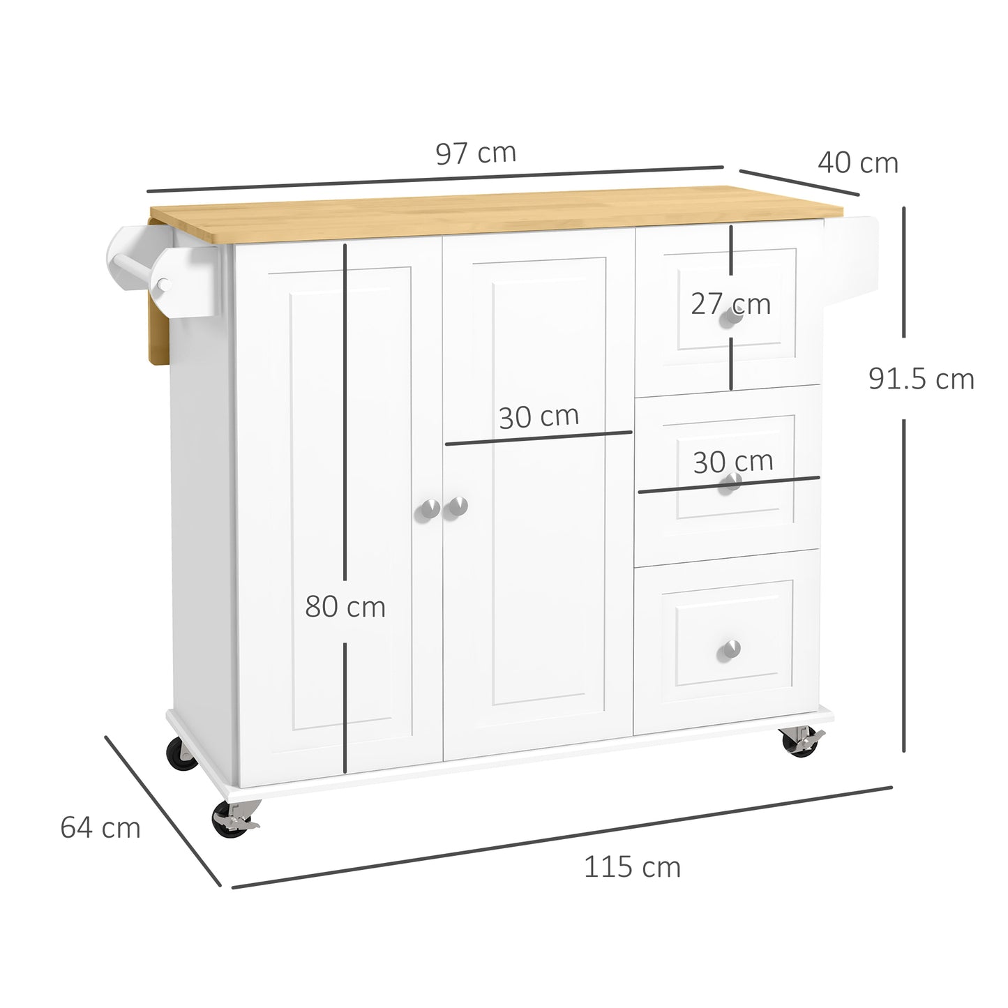 Cosoco Noli Wooden White Rolling Kitchen Island With Drop Leaf Drawers Spice Rack And Towel Rail