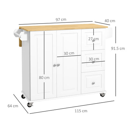 Cosoco Noli Wooden White Rolling Kitchen Island With Drop Leaf Drawers Spice Rack And Towel Rail