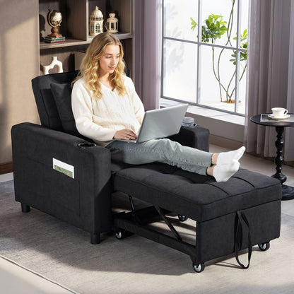 Soliri Black Upholstered 3 In One Convertible Single Sofa Bed Tufted Cushion