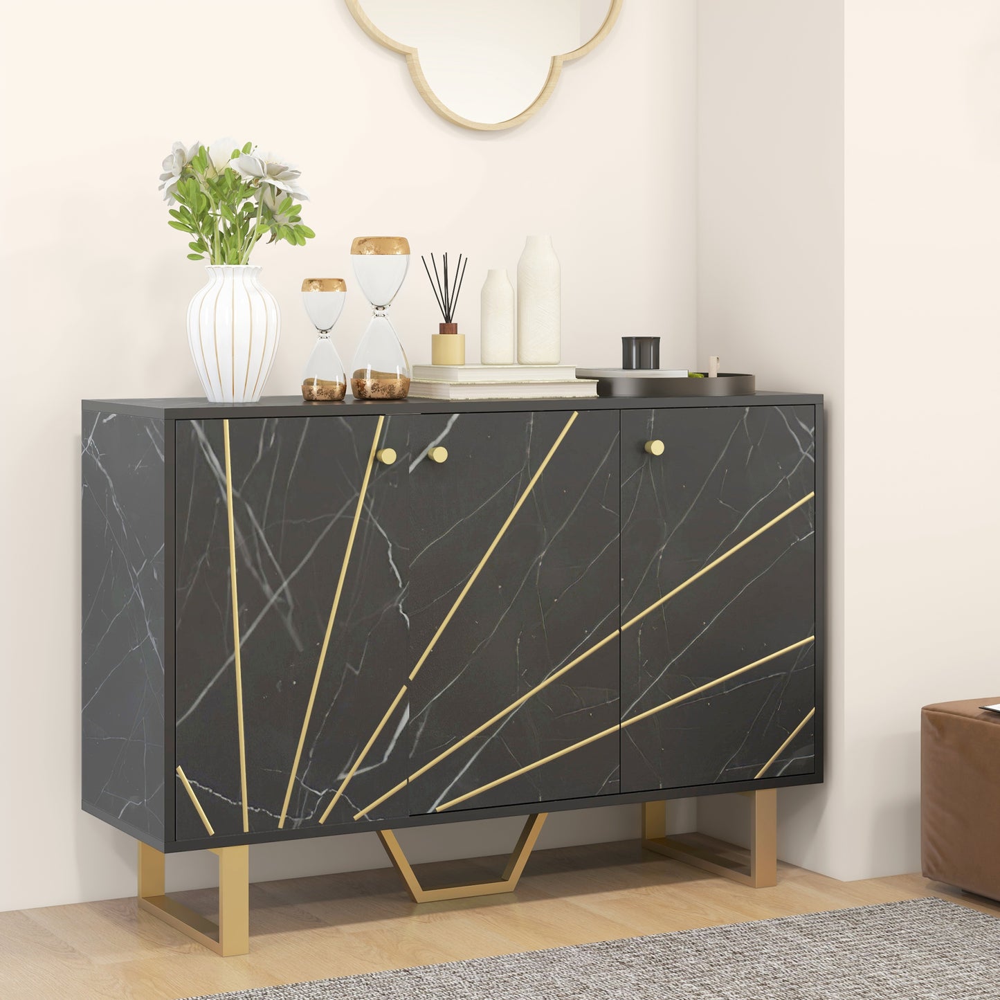 Suno Black Marble Effect Sideboard Golden Metal Legs 3 Doors