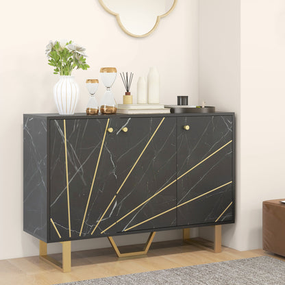 Suno Black Marble Effect Sideboard Golden Metal Legs 3 Doors