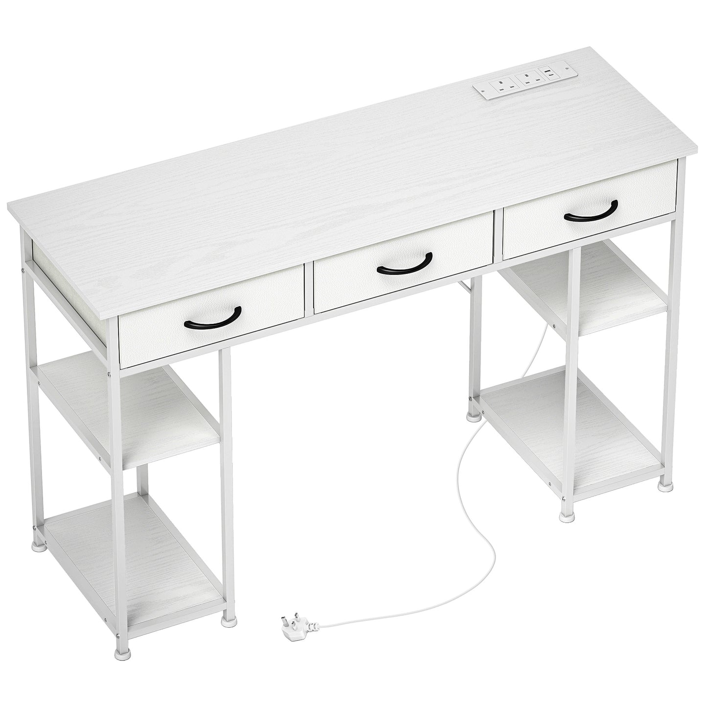 Riba 120cm Wooden White Home Office Desk With Power Sockets 3 Fabric Drawers And Storage Shelves 120 cm